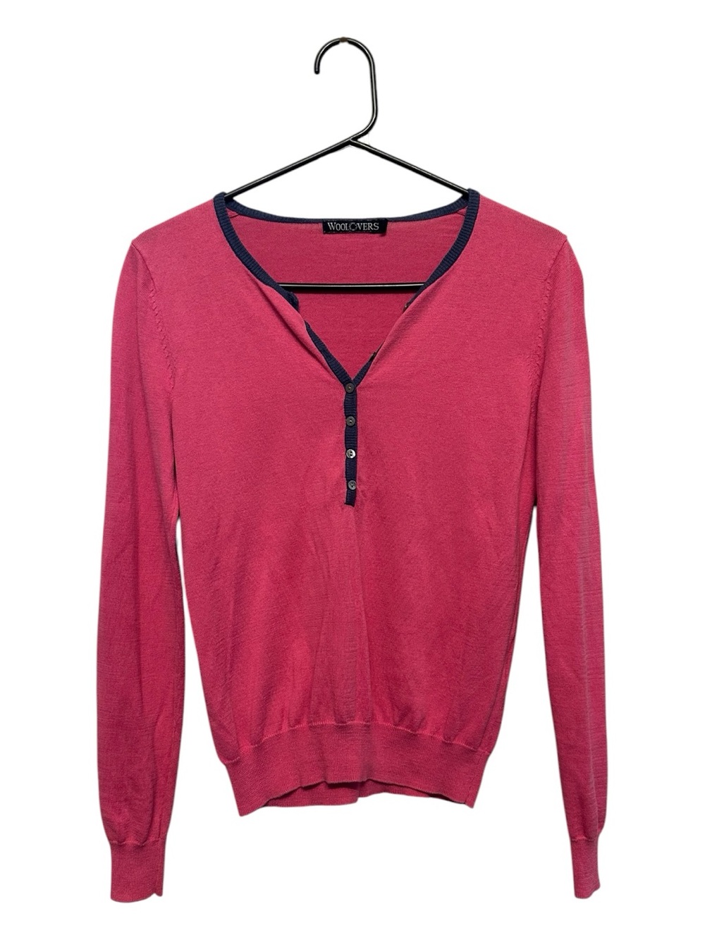 Vintage WoolLovers Raspberry Pink V-Neck Henley Sweater with Navy Trim Small